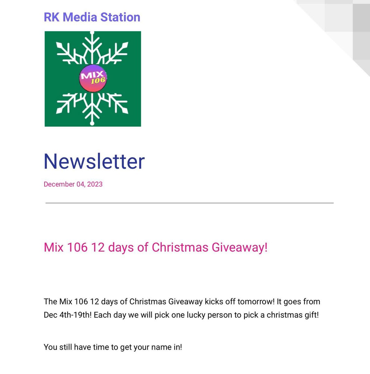 Hits95Radio's tweet photo. Mix 106 Newsletter for Dec 4, 2023 

#PointlessCulture and #HarrisonHinman https://t.co/JuyWZIyZiM