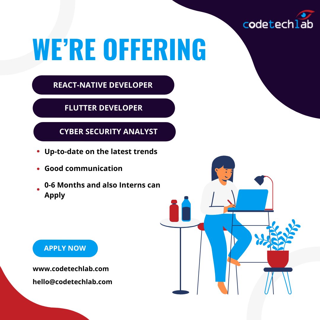 Benefits & Perks
- Live Project Experience 
- Internship Certificate 
- Industrial Knowledge and Trainings
- Remotely work

Job Locations - Remote/WFO
Mobile: +91 9509758827

#WorkFromHome #mobileappdevelopment #reactnativejobs  #flutterdeveloper #flutterjobs #androiddeveloper