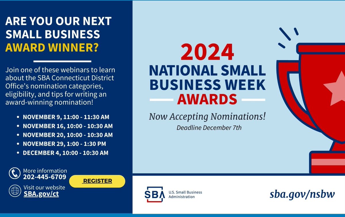 #SBAawards Nominations ARE OPEN!
Are you passionate about supporting  #smallbusinesses? 
Nominate yourself or someone making a difference before December 7 at sba.gov/nsbw
Let's celebrate those contributing to our #smallbusiness community! 
@CTSBDC @SBA_Connecticut