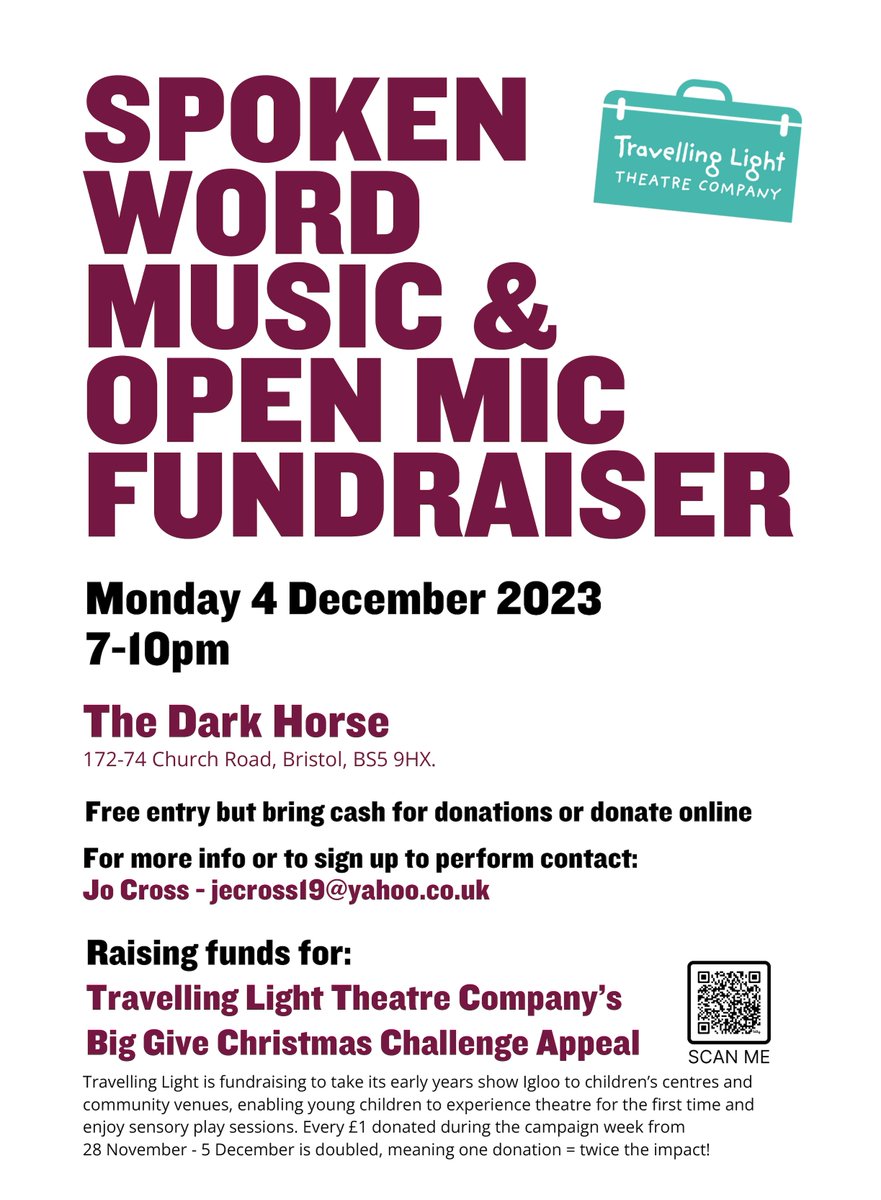 Fancy some Monday Night Fun!? Come to an Open Mic. Tonight 7-10pm Free entry. Dark Horse Pub, Church Rd, Bristol BS5 9HX. Fundraiser for @tl_theatre Please support with a little donation bit.ly/TLBigGiveAppea… Or cash donate in person #Theatre #BigGive #childrenswellbeing
