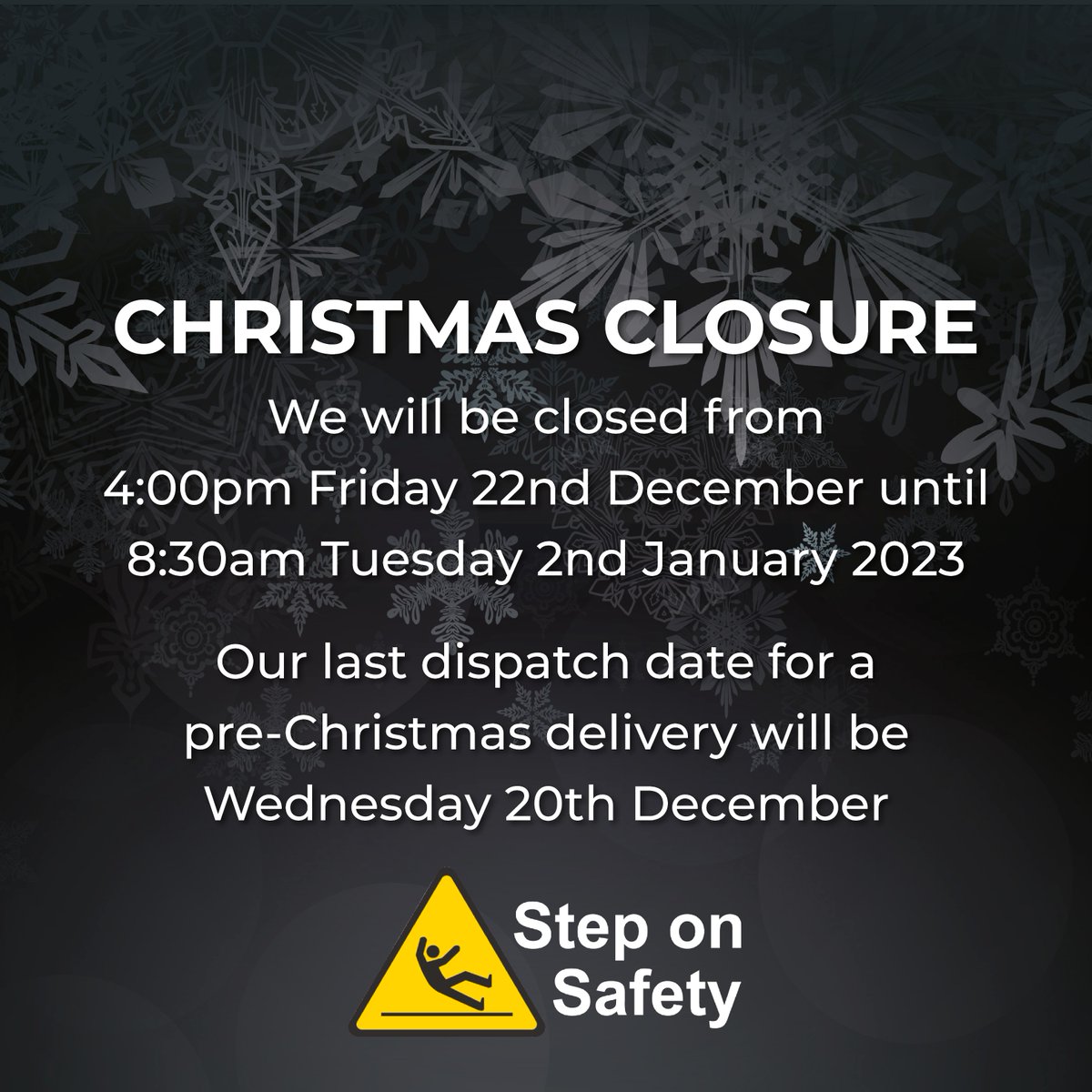 StepOnSafety's tweet photo. For those of you that like to be organised, we'll be closed for Christmas from 4pm Friday 22nd December until 8:30am Tuesday 2nd January. 🎄🎄🎄
Our last dispatch date for pre-Christmas delivery will be Wednesday 20th December
#ChristmasClosing #WooHoo! https://t.co/lPVc6Mq8Uo