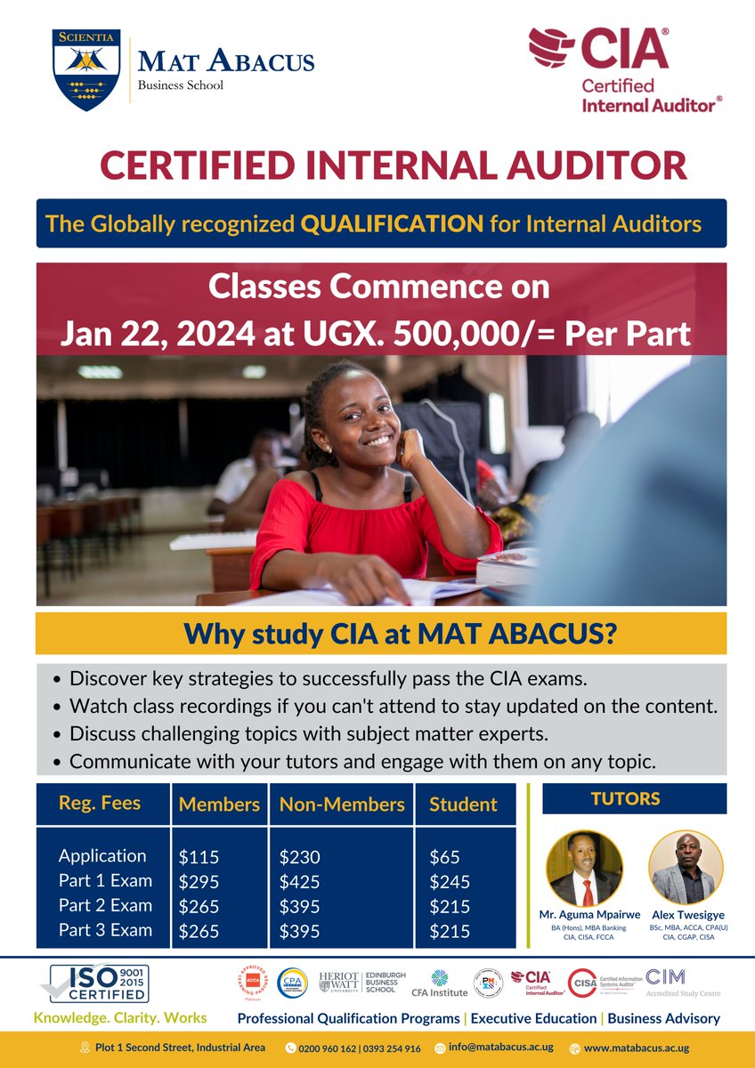 Unlock a world of opportunities with the CIA course at MAT ABACUS Business School. Elevate your career in auditing and become a Certified Internal Auditor. Enroll now for a brighter future. Visit matabacus.ac.ug to Enroll #CIA #MATABACUSBusinessSchool