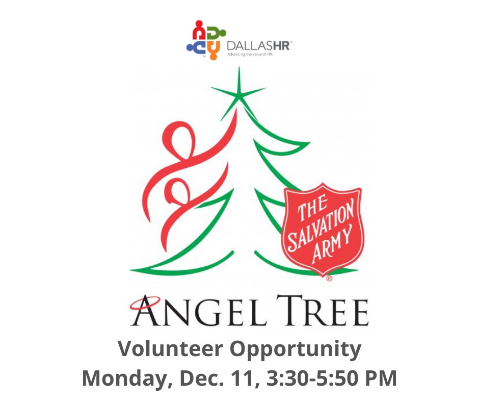 Join #DallasHR on Monday, 12/11 3:30-5:30pm to support the Salvation Army's Angel Tree! We will sort/organize gifts at their Dallas warehouse. Open to all aged 16+ but volunteers must register online. bit.ly/47rsRUm