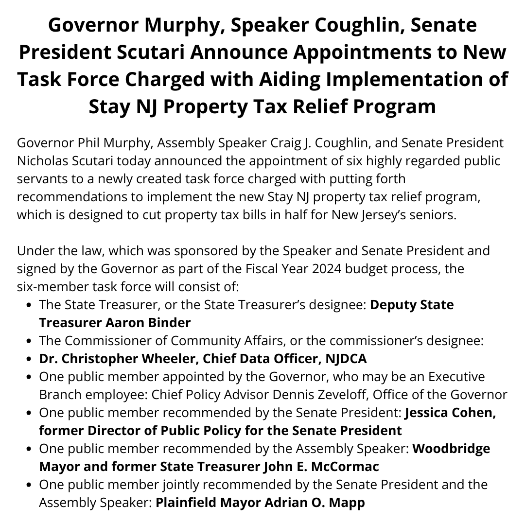 Governor Murphy, Speaker Coughlin, Senate President Scutari Announce Appointments to New Task Force Charged with Aiding Implementation of Stay NJ Property Tax Relief Program
