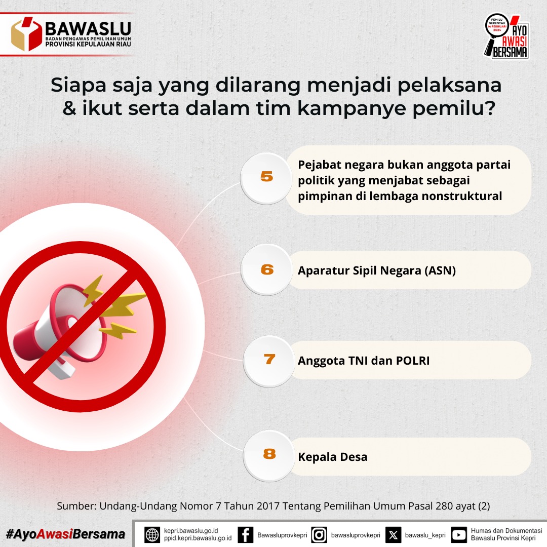 brynnclg's tweet photo. Termuat dalam Pasal 280 Ayat (2), terdapat beberapa pihak yang tidak boleh terlibat sebagai Pelaksana/Tim. Jika menemukan pelanggaran, jangan ragu laporkan
#BersamaBawasluAwasiPemilu
#AyoAwasiBersama
#PemantauPemilu
#PemiluSerentak2024 
@BawasluRI
@BawasluKepri
@BawasluBatam https://t.co/zn1dQxOsxe
