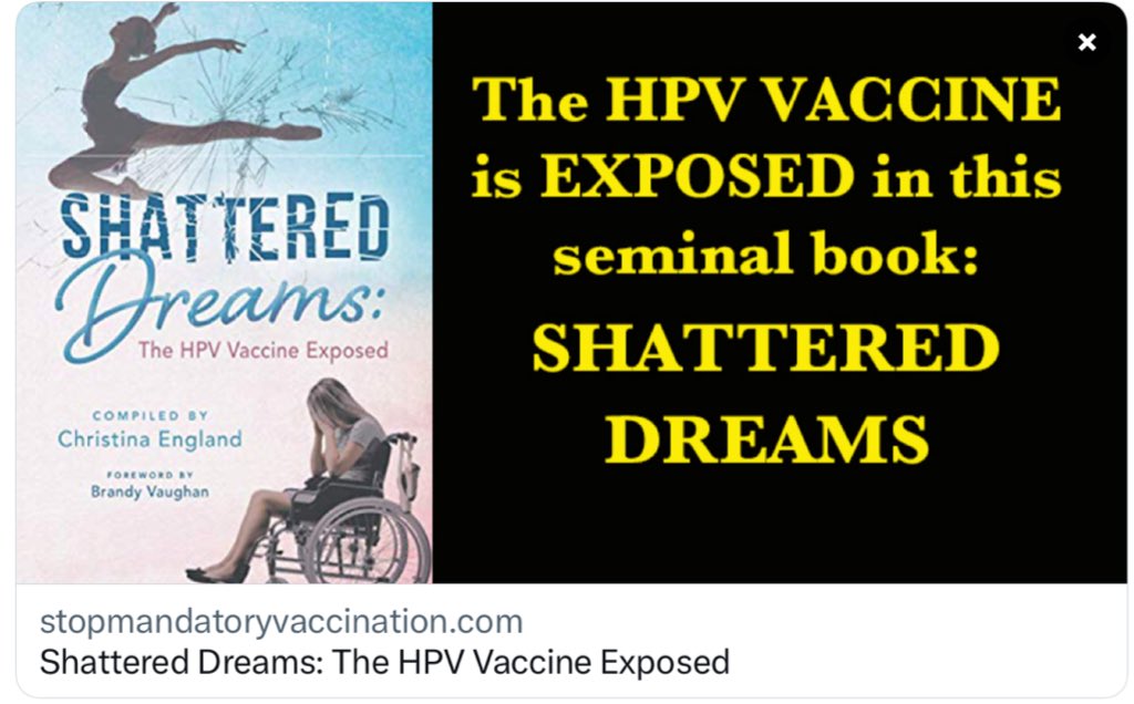 dmills3710's tweet image. A new 724-page book, Shattered Dreams: The HPV Vaccine Exposed, brings together contributions from 13 scientists and health practitioners, legal experts, parents and activists to highlight the risks associated with the HPV Vaccine:

stopmandatoryvaccination.com/vaccine-injury…