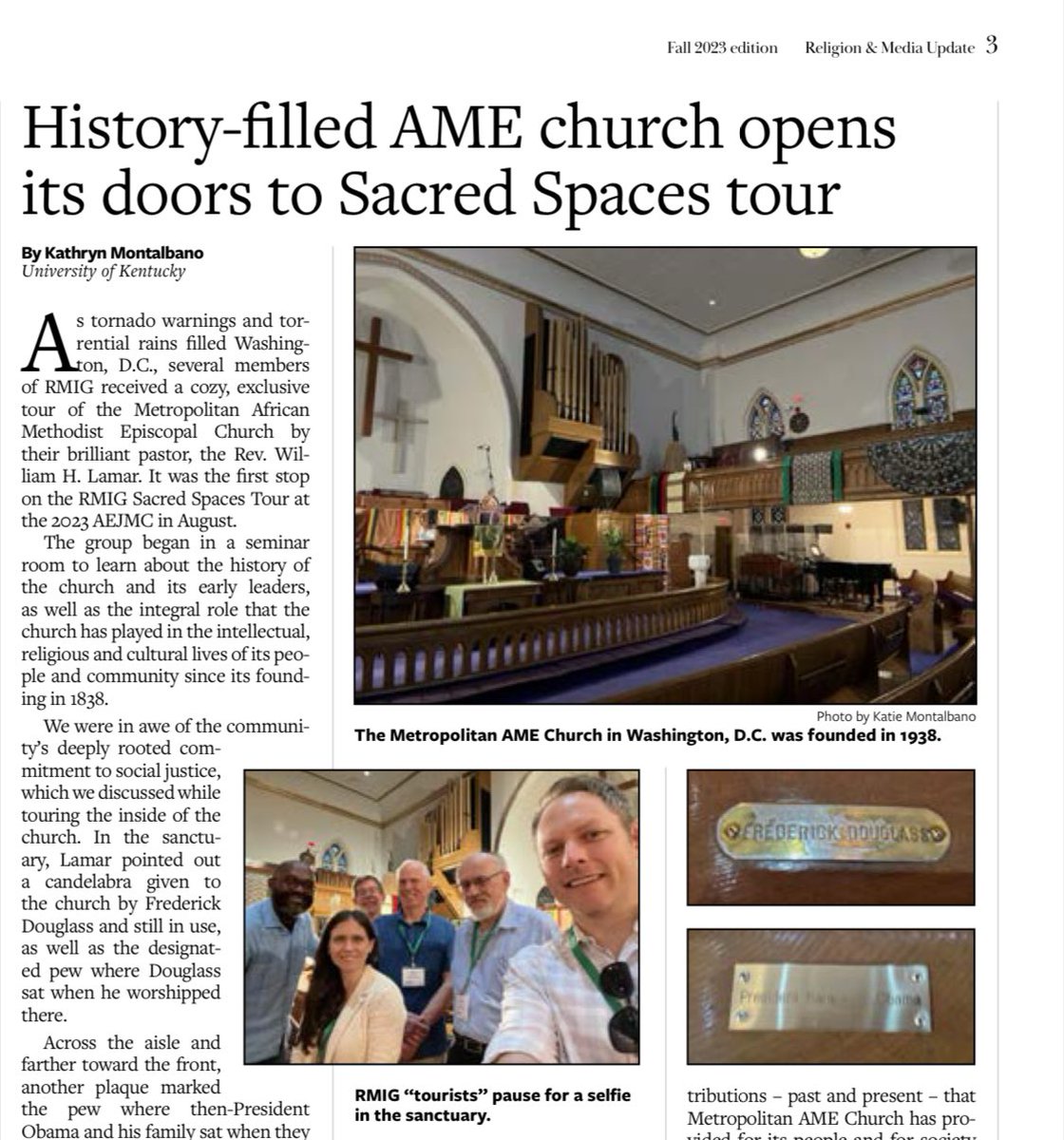 Read more from Katie Montalbano about our tour of @MetropolitanAME Church, led by @WilliamHLamarIV, with whom members discussed a “wide array of subjects—including religion and religiosity, secularism, politics, Black Liberation Theology, music, social activism and civic duty.”