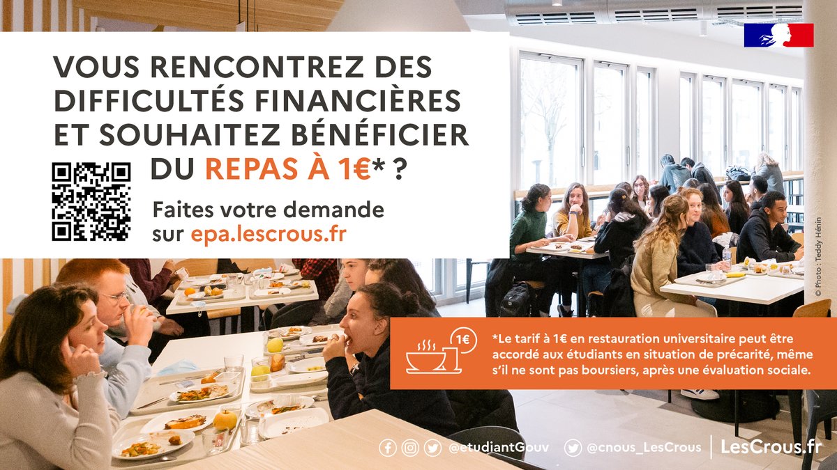 Crous_Normandie's tweet image. #restauration Comment bénéficier du repas Crous à 1€ ?
Comment bénéficier du #repas à 1€ si je suis un #étudiant #boursier ?
Comment bénéficier du repas à 1€ si je ne suis pas boursier mais que je rencontre des #difficultés financières ?
Les infos sur crous-normandie.fr/se-restaurer/p…