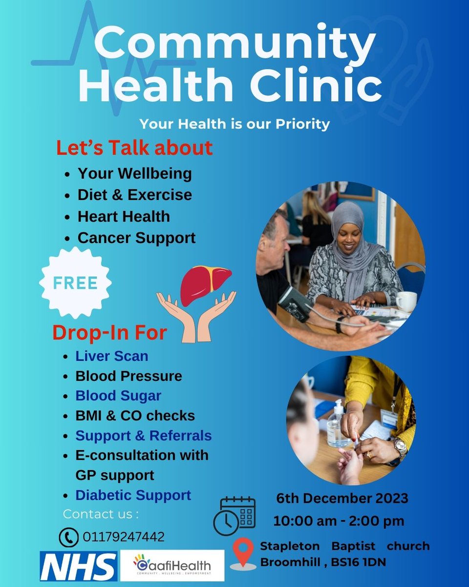 Join us this week at Stapleton Baptist Church in Broom Hill (BS16 1DN) for our community clinic! 🏥✨ Free liver scans available on the day, and no booking needed! ⏰ See you between 10:00 AM - 2:00 PM. Your health matters to us! 💙