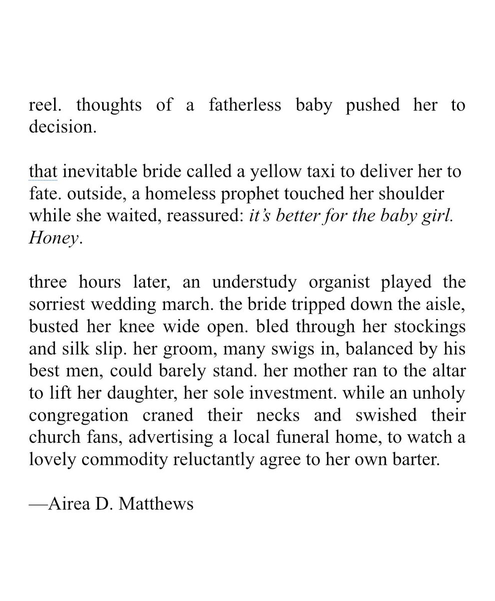 “an understudy organist played the sorriest wedding march. the bride tripped down the aisle, busted her knee wide open. bled through her stockings and silk slip. her groom, many swigs in, balanced by his best men, could barely stand.” —@aireadee, “March, 1969” @FeministPress