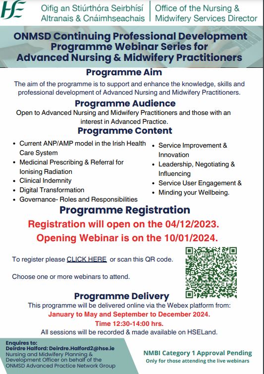 Registration is open for ANP/AMP CPD programme webinar series on Jan 10th <a href="/CuhANP/">CUH Advanced Nurse Practitioners</a> <a href="/CUH_Cork/">Cork University Hospitals</a> <a href="/AMGalvinCUH/">Ann Marie Galvin</a> <a href="/mercy_nursing/">Mercy University Hospital Cork Nursing</a> <a href="/NursingSIVUH/">Nursing@SIVUH</a> <a href="/uhknursing/">UHKNURSING</a> <a href="/Drgerardwhite/">Gerard White</a> <a href="/HospitalMallow/">Mallow General Hospital</a> <a href="/BGHsswhg/">Bantry General Hospital -SSWHG</a> <a href="/BridAOSullivan/">Bridie O'Sullivan</a> <a href="/ConnaireSinead/">Sinead Connaire</a> <a href="/NurMidONMSD/">ONMSD</a> <a href="/CorkKerryCH/">Cork Kerry Community Healthcare</a> <a href="/IrelandSouthWID/">Ireland South Women & Infants Directorate</a> See the QR code👇
