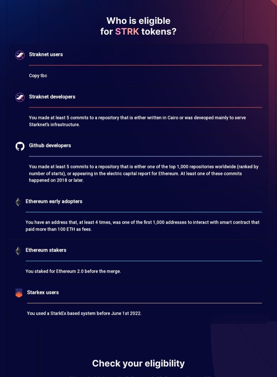 这个查询的是之前流传出来的#Starknet  空投中的“以太坊早期采用者”：只要你的以太坊地址至少有4次是Dapp的前1000个早期用户，且这些Dapp花费的gas费不低于100 $ETH  ，那么恭喜你，将有机会获得Starknet的空投$