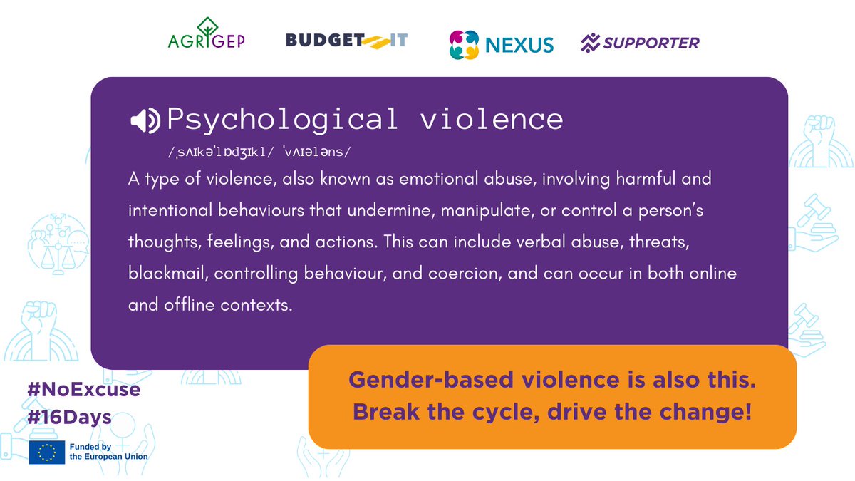 What exactly does #psychologicalviolence mean? Join us on  #16Days of Activism to Eliminate Violence against Women to raise awareness about all forms of #genderbased violence together with Agrigep sister 🇪🇺 funded projects. #NoExcuse