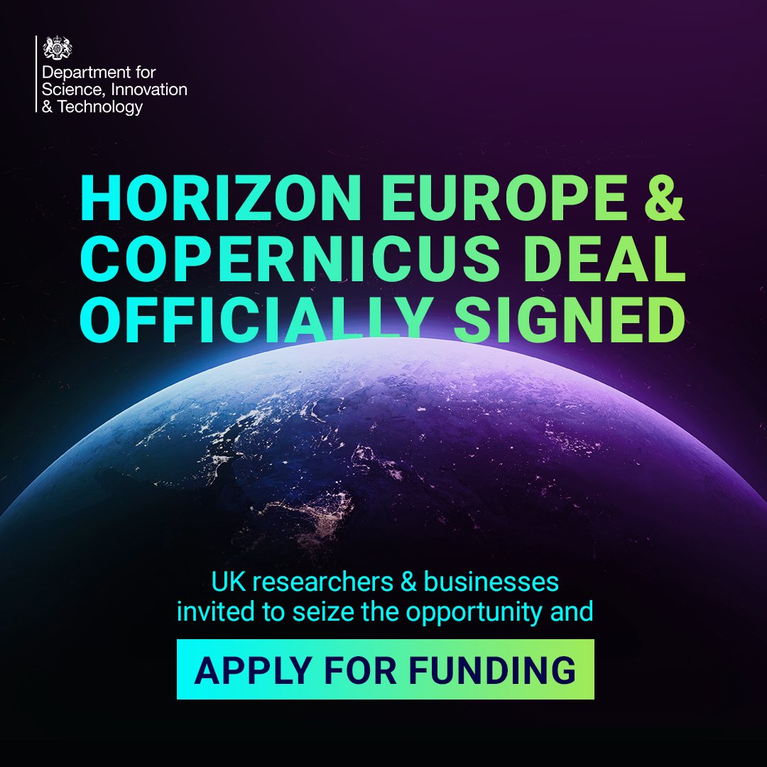 📝It's official: today we finalise the UK's association to Horizon &amp; Copernicus.

Our bespoke deal opens up the world's largest research programme to UK scientists, researchers &amp; businesses to work with their EU and global partners🇬🇧🤝🇪🇺

More on funding: gov.uk/government/new…