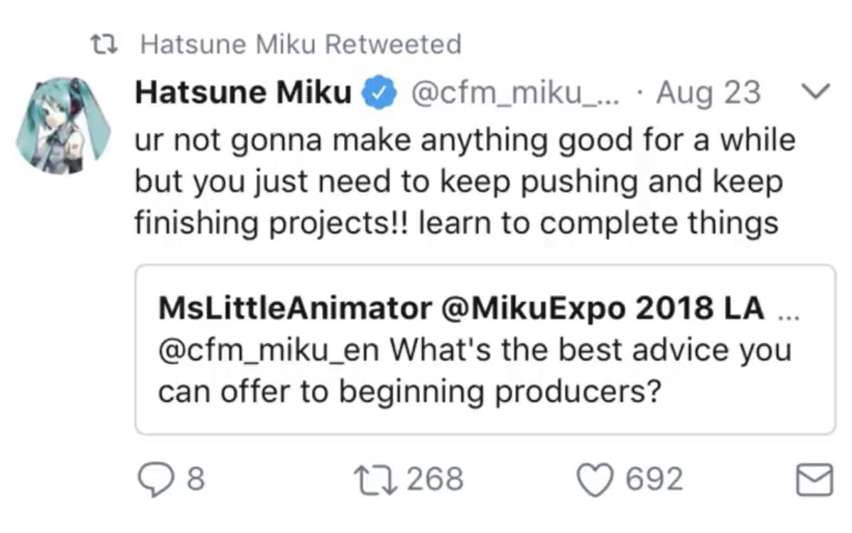 matikusu's tweet photo. @longestsoloever I love the advice in this miku tweet to this day https://t.co/RKzuLOSW75