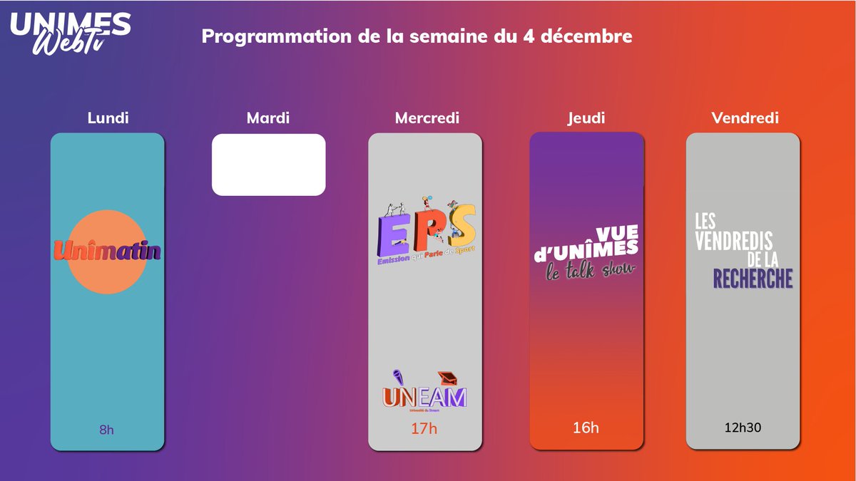 Unimes_WebTV's tweet photo. Bonjour à tous et toutes ! On reprend les posts ici avec la programmation de cette semaine ! https://t.co/cBX2kjYm5y