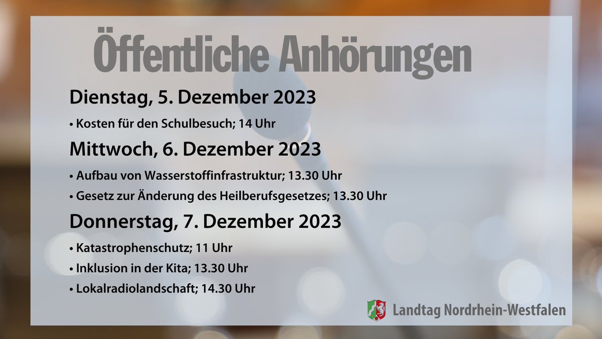Neue Woche, neue Anhörungen - viele Expertinnen und Experten kommen in den #ltnrw und sprechen zu:
➡️ Kosten für #Schulbesuche
➡️ #Wasserstoff, #Heilberufsgesetz
➡️ #Katastrophenschutz
➡️ #Inklusion in Kitas
➡️ #Lokalradio|s. 
Alle Livestreams ⤵️
landtag.nrw.de/home/aktuelles…
