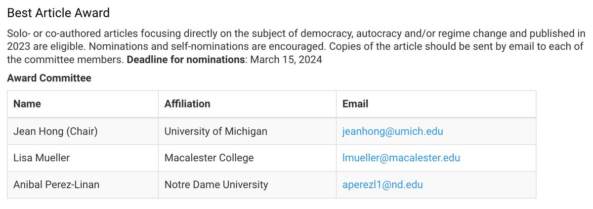 🚨Please nominate articles for the Best Article Award in the Democracy and Autocracy Section @APSAtweets. Self-nominations are more than welcome. How? Simply email the article to the committee members👇🏽 Deadline for nominations? March 15, 2024.