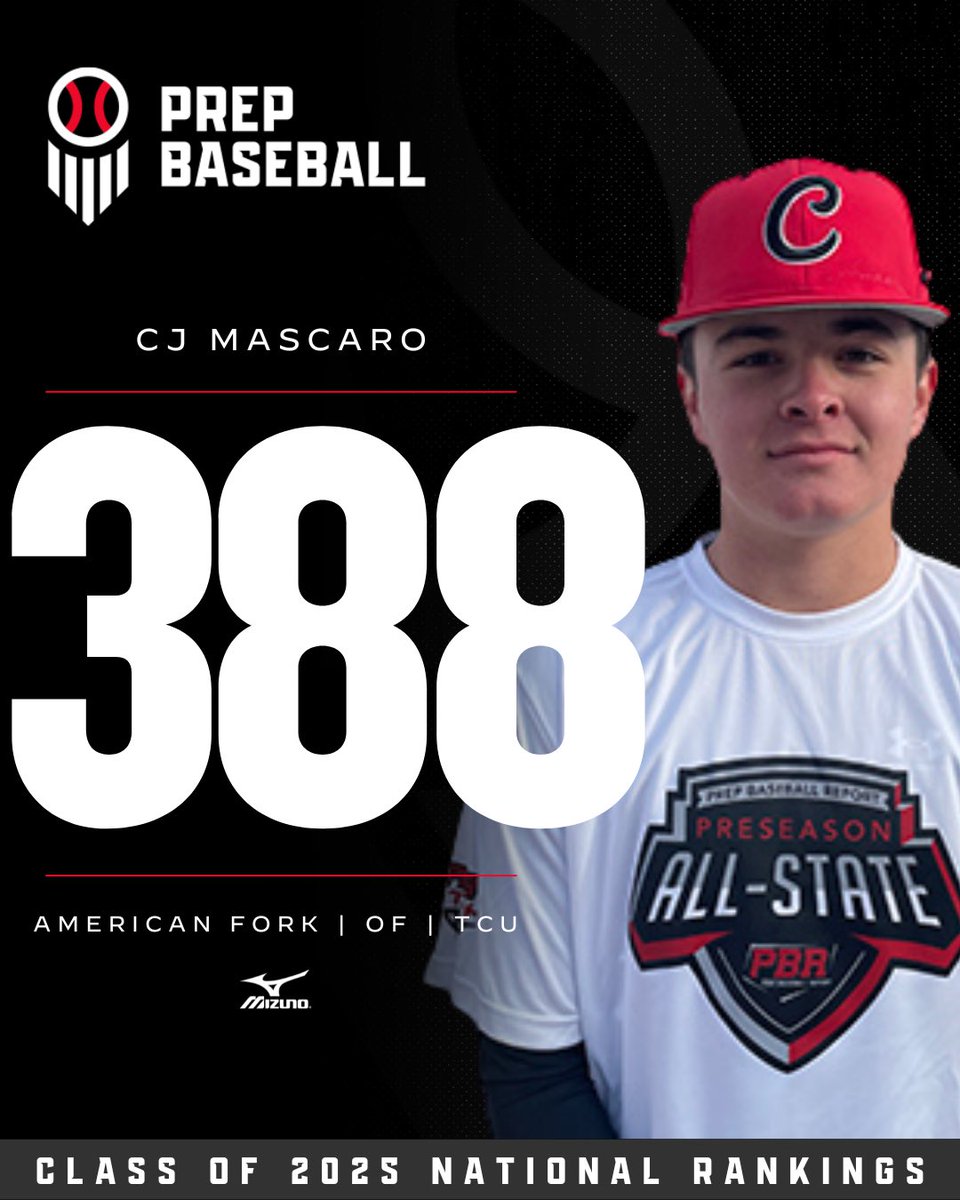 ’25 𝑵𝒂𝒕𝒊𝒐𝒏𝒂𝒍 𝑹𝒂𝒏𝒌𝒊𝒏𝒈𝒔

<a href="/TCU_Baseball/">TCU Baseball</a> commit <a href="/cj4_mascaro/">CJ Mascaro</a> CJ Mascaro, OF 6-0 185 (American Fork HS/Mountain West)

The #3 ranked player in the Utah class, comes in at #388 in the overall rankings release! 

The lefty with the sweet swing, uses the whole field and