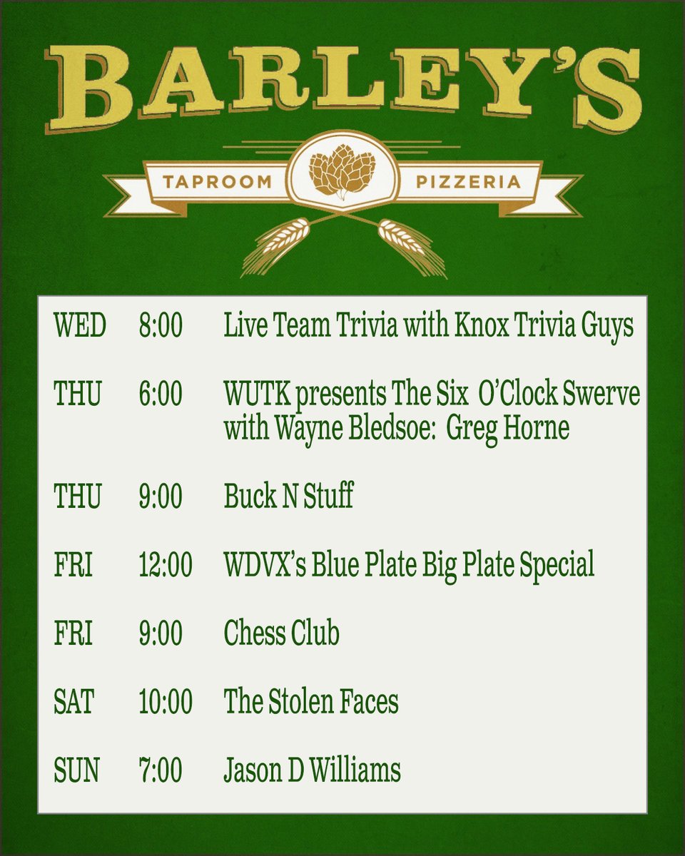Happy Monday morning, #Knoxville! We've got another banger week of great music lined up for you! Come down and see us in #OldCityKnox for a great time!

#BarleysKnoxville #KnoxvilleMusic #KnoxRocks