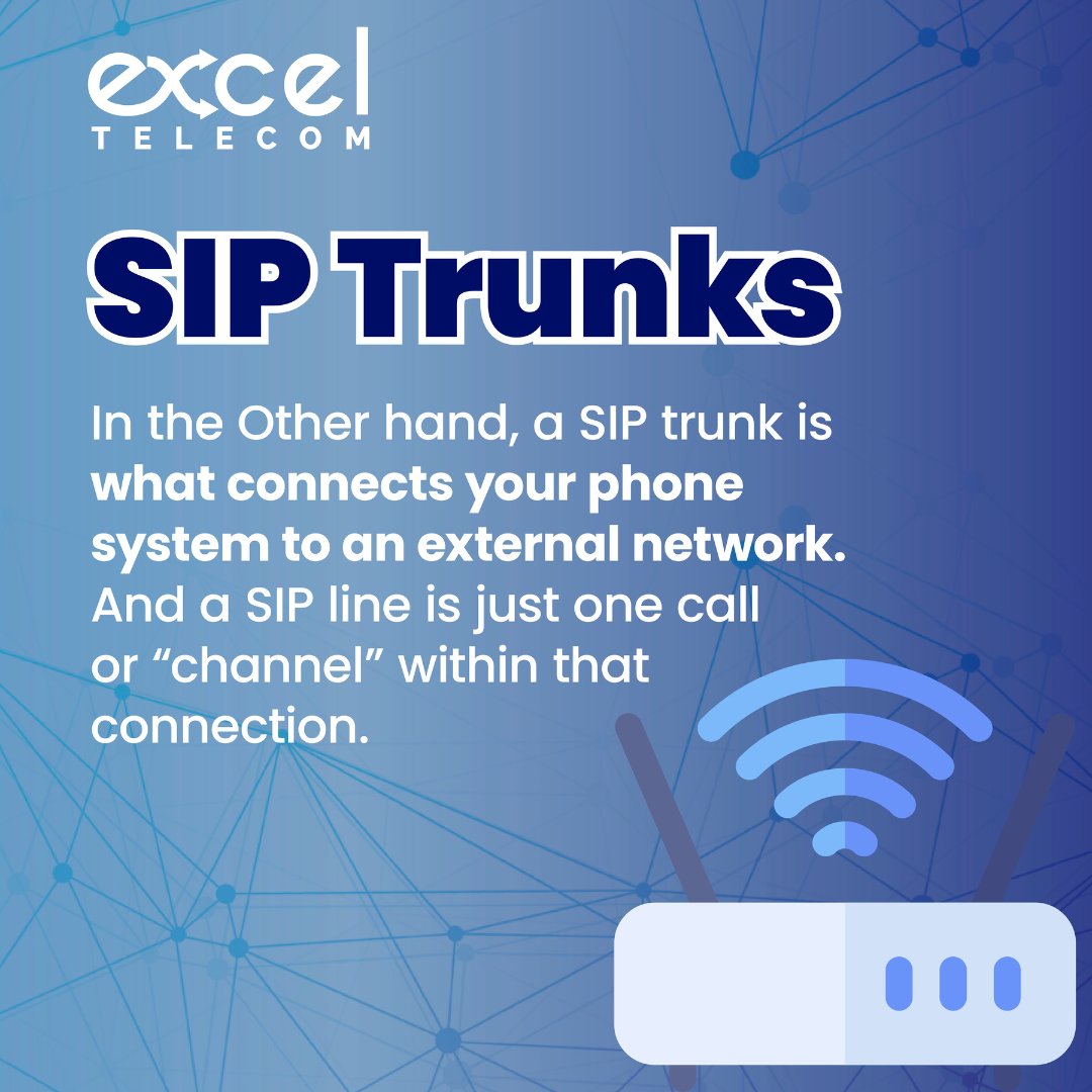 ExcelTelecominc's tweet image. Do you want to know the difference between SIP business lines and SIP Trunks? We wrote a blog post about it. Check it out at the link below! 

exceltelecom.com/en/sip-busines… 

#sip #siplines #siptrunk #businesscommunications #telephony