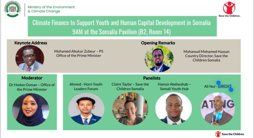 Join our Director @hamzaabdi02 on the 5th of Dec 9AM Discussing Climate Finance for Somalia's HCD, hosted by @MoECC_Somalia at the #Somalia Pavilion in #COP28_UAE! Keynote by @MohamedAZubeyr, PS of @SomaliPM, insights from @SaveChildrenSO and moderated by Dr. @DrHodanOsman.
