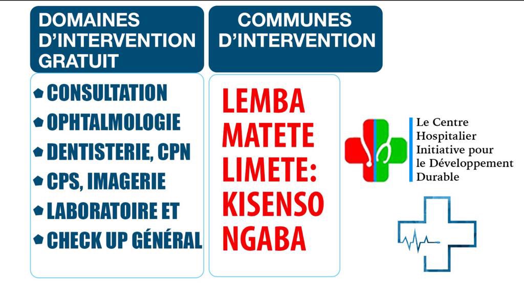 Très chers compatriotes et électeurs de Mont-Amba, je vous invite à vous rendre au Centre Hospitalier Initiative pour le Développement Durable De Lemba Salongo pour vos soins Gratuits du 1er Décembre au 30 Janvier 2024. Que Dieu Vous Bénisse P.M.M.M #RDC #201 #20