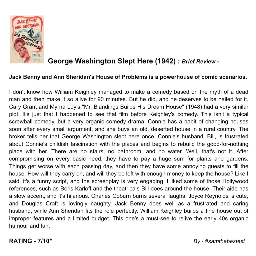 SAMTHEBESTEST_'s tweet photo. Watched #GeorgeWashingtonSleptHere (1942) :
Jack Benny and Ann Sheridan's House of Problems is a powerhouse of comic scenarios.
RATING - 7/10*
#WilliamKeighley #JackBenny #AnnSheridan #CharlesCoburn #HattieMcDaniel #WilliamTracy #PercyKilbride #JoyceReynolds #DouglasCroft https://t.co/icXIKJrfvZ