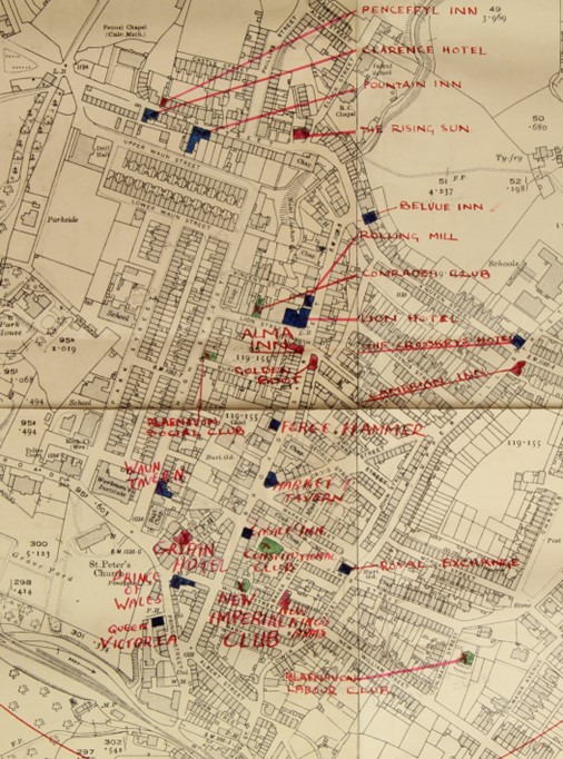 An undated map, probably mid-20th century, showing the different public houses in Blaenavon, courtesy of @GwentArchives. Do you remember the names of the pubs where you grew up? Why not #JustCall a loved one and ask them? historybeginsathome.org #EndLoneliness #HBAHPubs