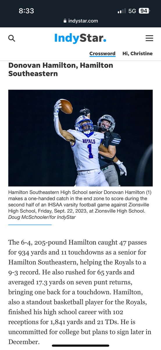 Honored to be named 2023 Indiana Mr. Wide Receiver! Thank you to my coaches and teammates. <a href="/HSEFootball/">HSE Royal Football</a>