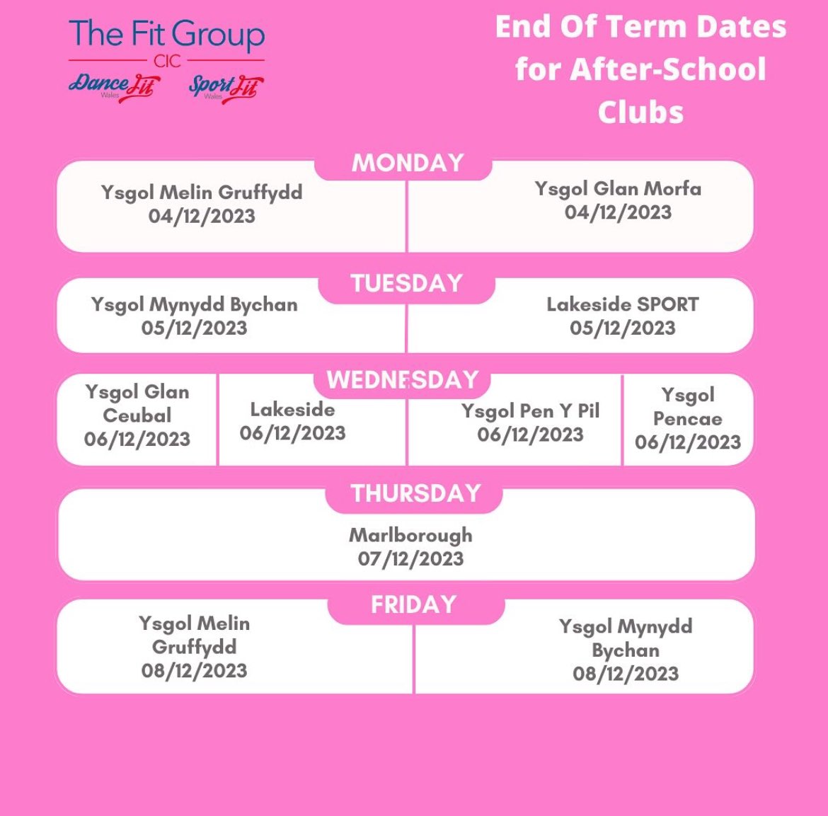 End of term finish dates for our school clubs!
<a href="/MelinGruffydd/">Melin Gruffydd</a> <a href="/Pencae2/">Ysgol Pencae</a> <a href="/mynyddbychan/">Ysgol Mynydd Bychan</a> <a href="/marlboroughpri/">Marlborough Primary</a> <a href="/LakesidePrm/">Lakeside Primary School</a> <a href="/YsgolPenyPil/">Ysgol Pen y Pîl</a> @YsgolGlanMorfa