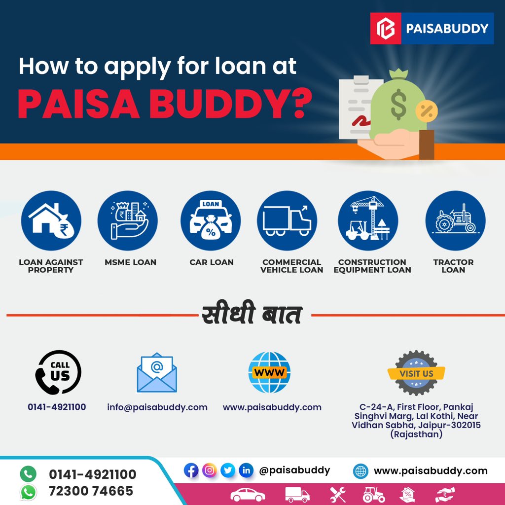Explore a world of possibilities with our range of loans! From personal to business, we've got you covered. 🌟

Call us now:
📞- 0141-4921100, 7230074665
For more information -
Please mail us at
📩- info@paisabuddy.com

#LoanOptions #FinancialFreedom #YourPathToSuccess