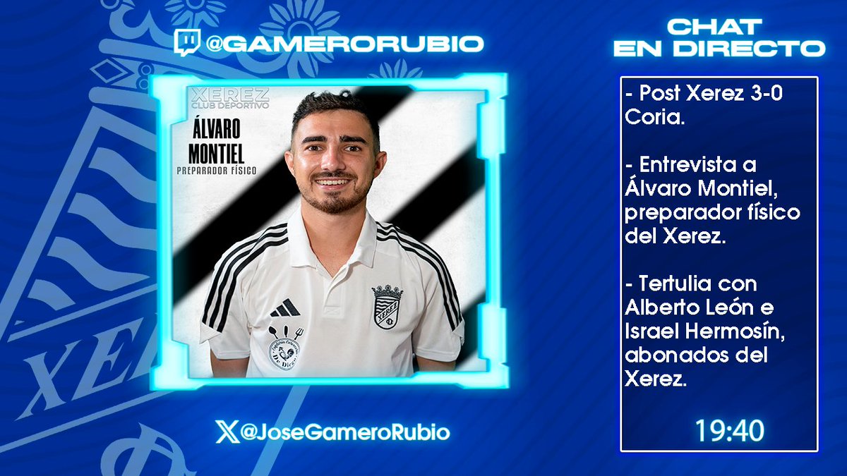 💜 Hoy en twitch.tv/gamerorubio

⚽️ POST #XerezCoria

🎙️ Entrevista a <a href="/alvaromn981/">Álvaro Montiel</a>, preparador físico del <a href="/XerezCD_OFICIAL/">Xerez Club Deportivo</a> 

🗣️ Tertulia con <a href="/IsraelHermosin/">Israel Hermosin</a> y <a href="/Albertoleon_80/">Alberto León</a> 

⌚️ 19:40

#Xerez