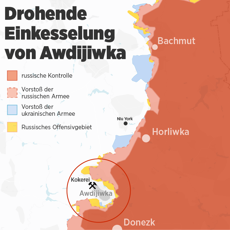 Drohende Einkesselung von Awdijiwka
•
Russische Armee versucht, Awdijiwka einzukesseln. Die Stadt im Osten der Ukraine ist seit mehreren Wochen von russischen Truppen umzingelt.
•
katapultu-magazin.de/artikel/drohen…