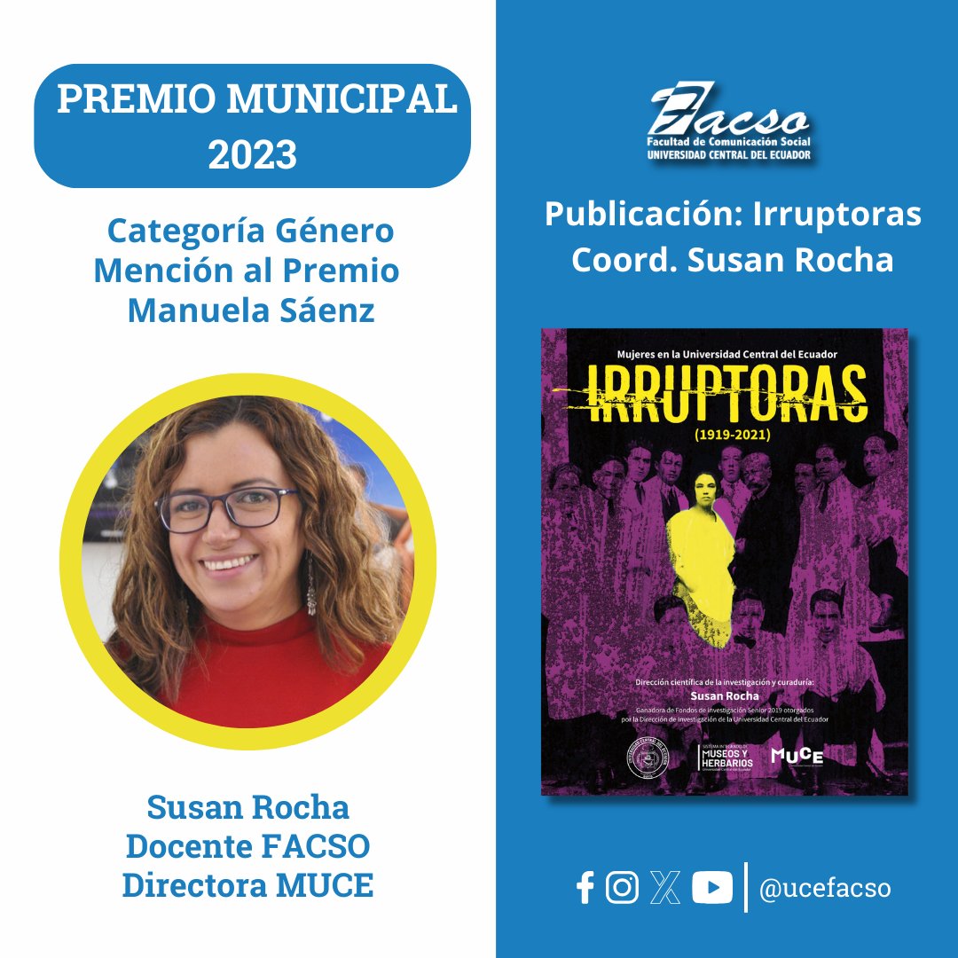 ucefacso's tweet photo. #DocentesFacso

🏆La #Facso celebra el logro alcanzado por Susan Rocha, docente de la Facultad y Directora del @MuseoUCE, por alcanzar la Mención al Premio Manuela Sáenz, Categoría Género, en los Premios Culturales, Artísticos y Científicos 2023 del @MunicipioQuito.

@lacentralec https://t.co/1HYYJoOAde