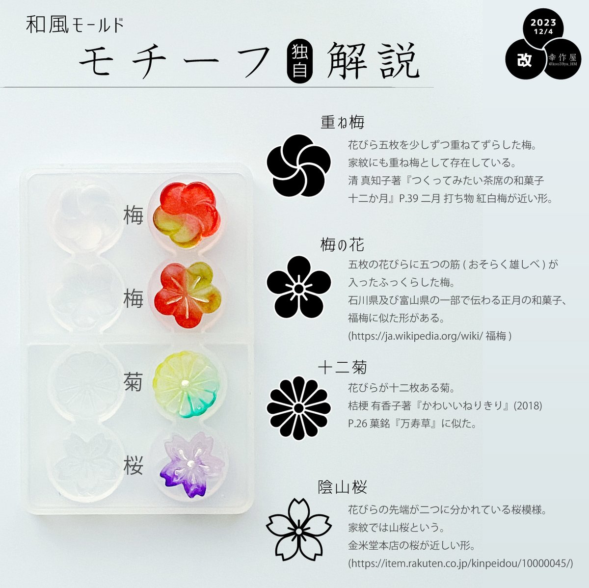 kou39ya_HM's tweet image. 【2023/12/04 改訂】
市販されている和菓子のようなモールドについて、そのモチーフを調べてまとめました📑
あくまで幸作屋の独自見解です。ご自身で使う際にはお調べください🔍
キーワードのきっかけになれば幸いです🙏

#和風 #モールド #シリコンモールド #レジン #ハンドメイド