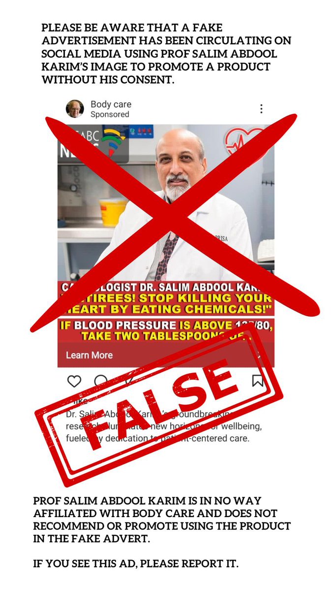There is a fake advert circulating on social media using Prof Karims image to promote a product that he has no knowledge or affiliation with. Please report any posts you see.