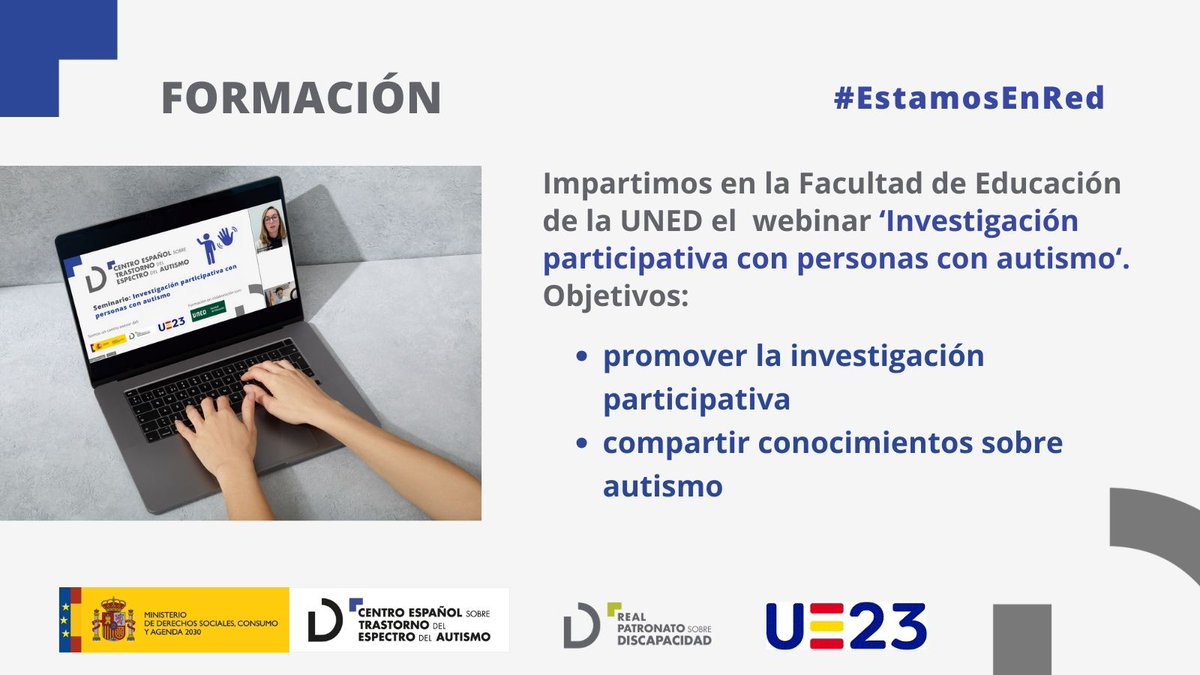 #EstamosEnRed 

💻 Terminamos una nueva #Formación con <a href="/EducacionUNED/">Facultad de Educación de la UNED</a> 

Impartimos una webinar en #InvestigaciónParticipativa para: 

☑️promover este tipo de #Investigación
☑️compartir conocimientos sobre #Autismo 

#Divulgación #BuenasPrácticas #SomosUNED