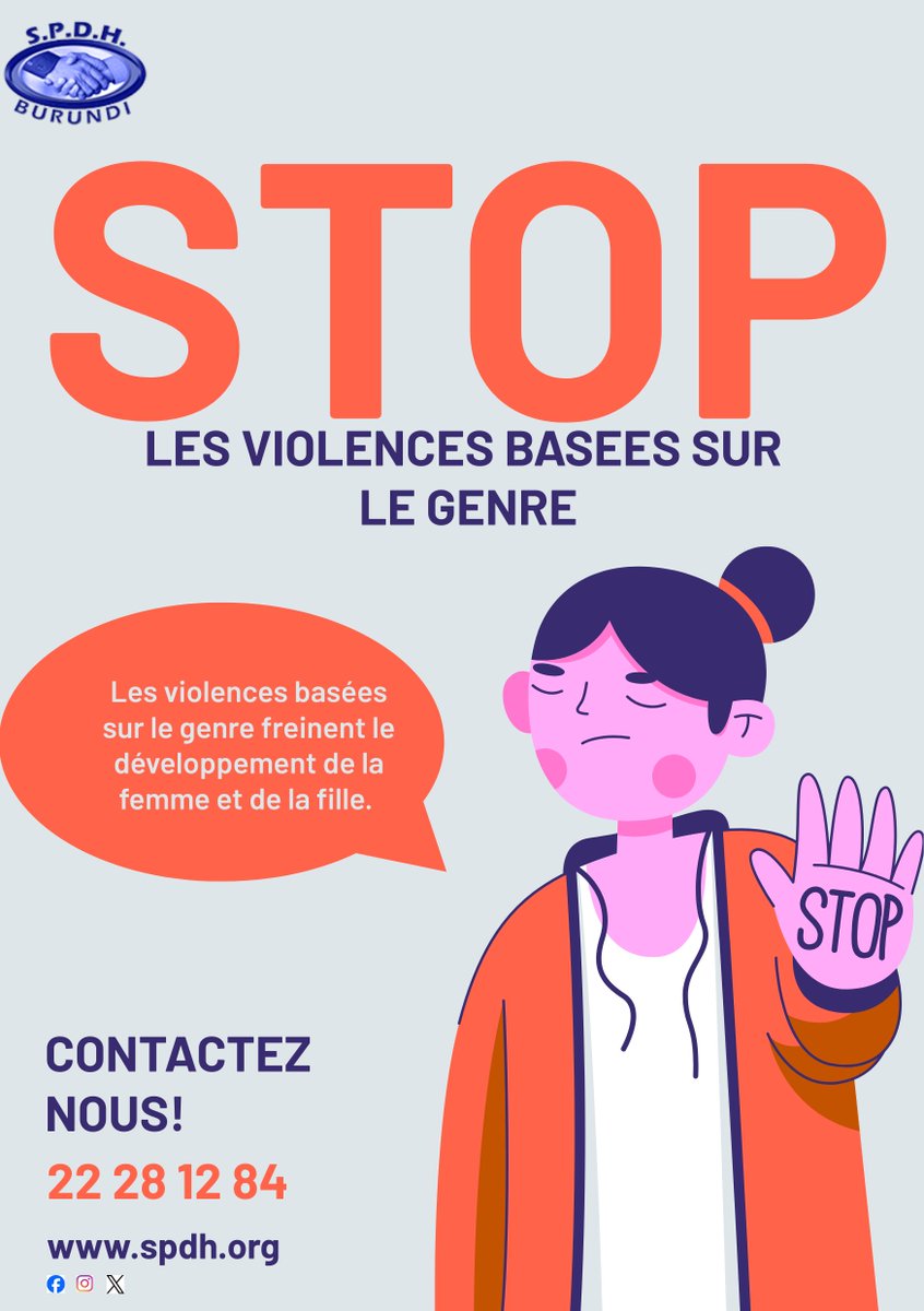 burundi_spdh's tweet photo. #16joursdactivisme23 Les violences basées sur le genre freinent le développement de la femme et de la  fille. Elles entrainent des graves conséquences psychologiques, physiques et économiques qui limitent la victime dans la participation à la vie sociale et politique de son pays https://t.co/steZjSV4RY
