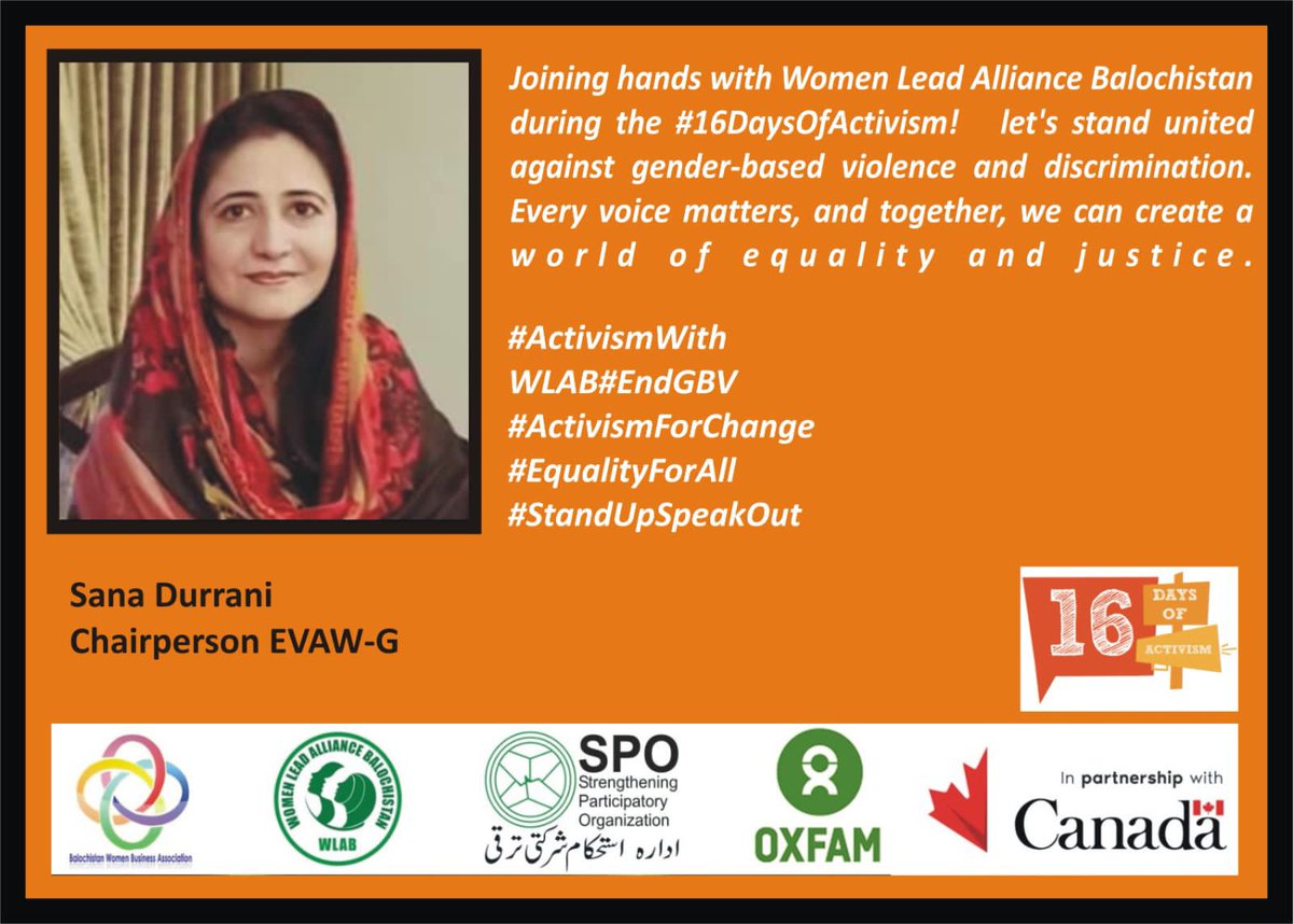 alliance_lead's tweet photo. Let's join hands with #WLAB on this #16DaysOfActivism. Provincial Chairperson @SanaDurrani9 working 24/7 working to uplift the women of #Balochistan on Our Platform.
#EndGBV
#ActivismForChange
#EqualityForAll
#StandUpSpeakOut
@OxfaminPakistan
@SanaDurrani9 https://t.co/Mepv3HjfQS