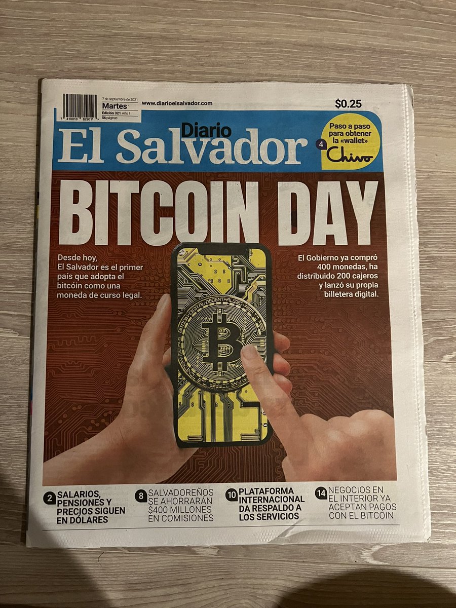 【速報】

世界で初めてビットコインを自国の法定通貨にしたエルサルバドル（写真はその日の現地の新聞）含み益になった事を発表。

記念にこの新聞を1名にプレゼントします

超絶レアで恐らくこれを持っている日本人は両手で数えられるぐらいだと思います。

応募方法はこのツイートにコメントのみ！