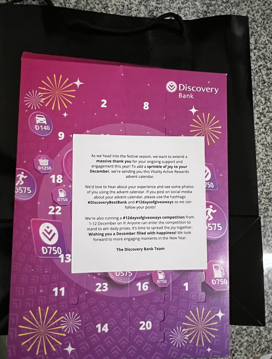 krugersville's tweet photo. What a beautiful way to end my year with #DiscoveryBestBank , it was a lengthy year but Discovery Bank met my expectations throughout the whole year 🥺💜.
Discovery Bank is also extending their gift to everyone with #12DaysofGiveways if you post your Calendar from the 1st until the 12th like the one I got, do the right thing and switch to discovery bank🎉🥳💜