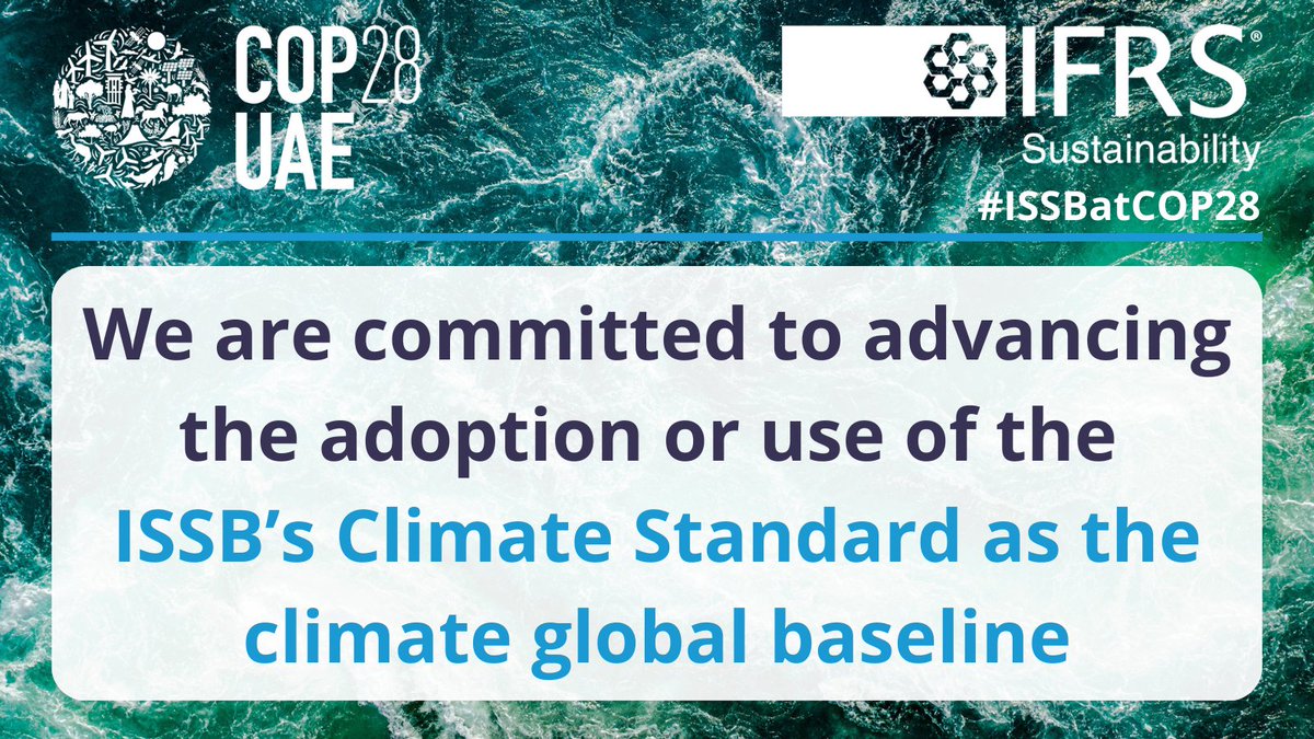 #COP28 marks the ISSB's two-year anniversary. @PRI_News encourages jurisdictions to facilitate climate investment by swiftly adopting the ISSB Standards – an important step towards a global baseline of decision-useful corporate sustainability reporting. @IFRSFoundation