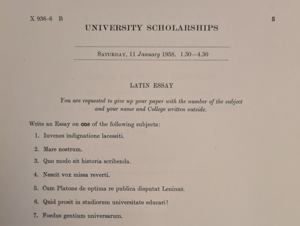 You have three hours to say something intelligent about one of these massive topics, including the Mediterranean, how history should be written, what political points Plato would argue with Lenin about, and the United Nations. Oh, and you have to write your essay in Latin: