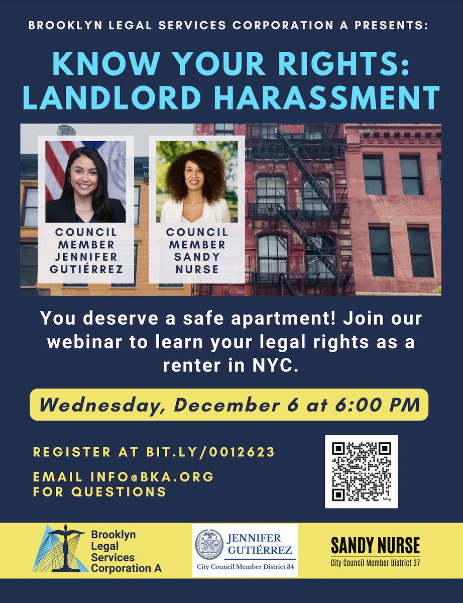 Join me, <a href="/CMSandyNurse/">Council Member Sandy Nurse</a>, and @BKALegal this Wednesday, December 6th at 6pm for a webinar to learn more about your rights as a tenant, and what to do if you're experiencing landlord harassment! 

Register: bit.ly/0012623