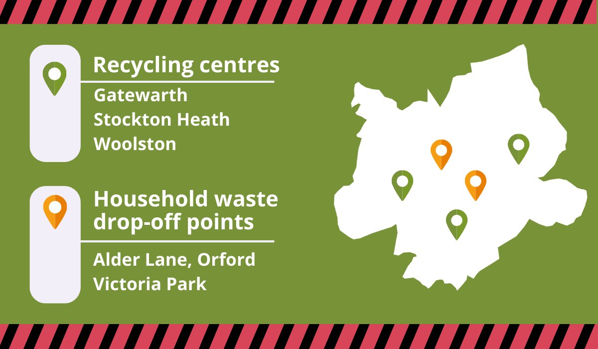 We have set up two drop-off points for household (black bin) waste. The waste drop-off points are: 📍 Victoria Park, Knutsford Road, WA4 1DG 📍Alder Lane, Orford, WA2 8AG They will be open Monday-Friday, 10am-4pm from tomorrow, Tuesday 5 December: orlo.uk/F1y8t