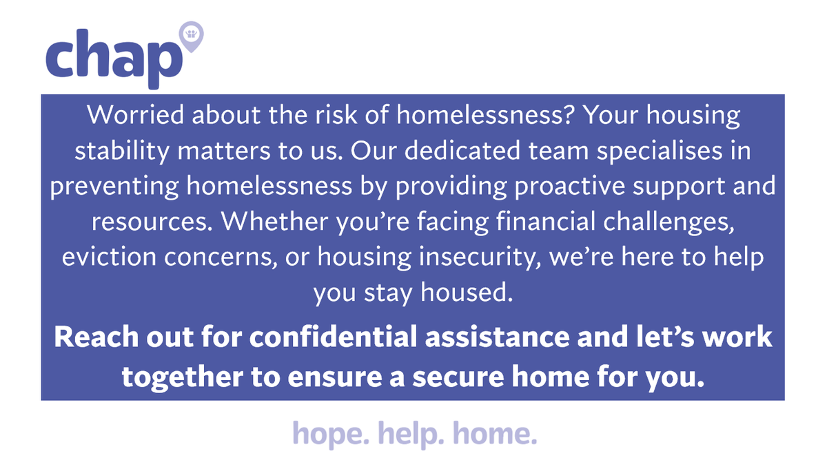CHAP_advice's tweet image. Our services are available to all North Ayrshire residents aged 16+ and getting in touch couldn’t be easier. Call us on 030 0002 0002 or visit chap.org.uk where you can also access our live chat.

#PreventHomelessness #HousingSecurity #CommunitySupport #HopeHelpHome