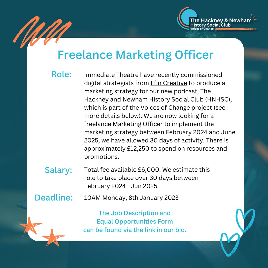 We are looking for a Freelance Marketing Officer to implement a marketing strategy for our new podcast; The Hackney and Newham History Social Club 🎧 Find out more and apply: tr.ee/erLqTlPkYf #ImmediateTheatre <a href="/HeritageFundUK/">The National Lottery Heritage Fund</a>