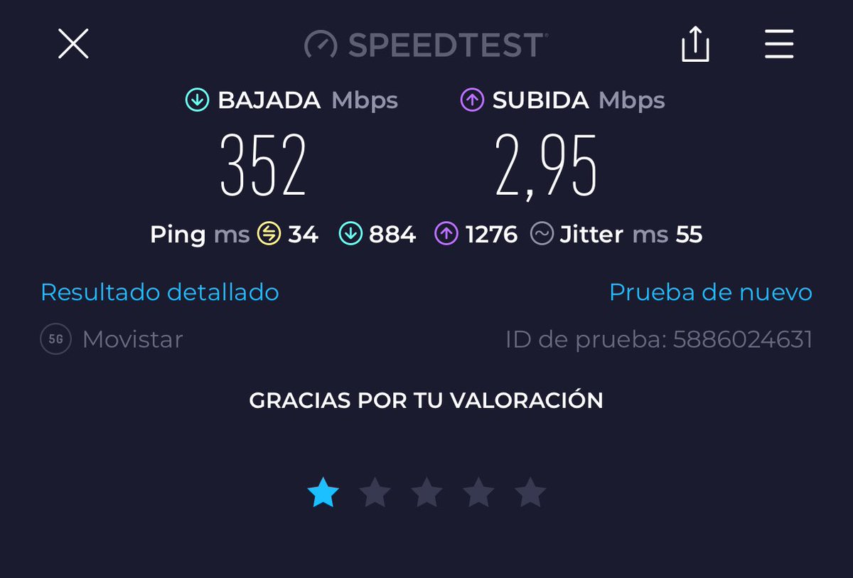 adrigondite's tweet photo. @olimunmun @nekja @o2es @movistar_es Estamos teniendo que compartir datos móviles a los ordenadores del trabajo, y aún así está siendo bastante complicado teletrabajar.

El 5G tampoco está funcionando de manera correcta. Adjunto test de velocidad. @movistar_es https://t.co/vdegTXKzeY