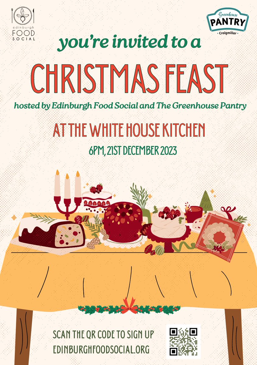 We are excited to announce a Community Christmas Dinner with <a href="/edinfoodsocial/">Edinburgh Food Social</a> at the White House Kitchen on Thursday 21st December at 6pm.

If you would like to join us please book your space here:
edinburghfoodsocial.org/christmas-dinn…...

🎅⛄️🎄✨